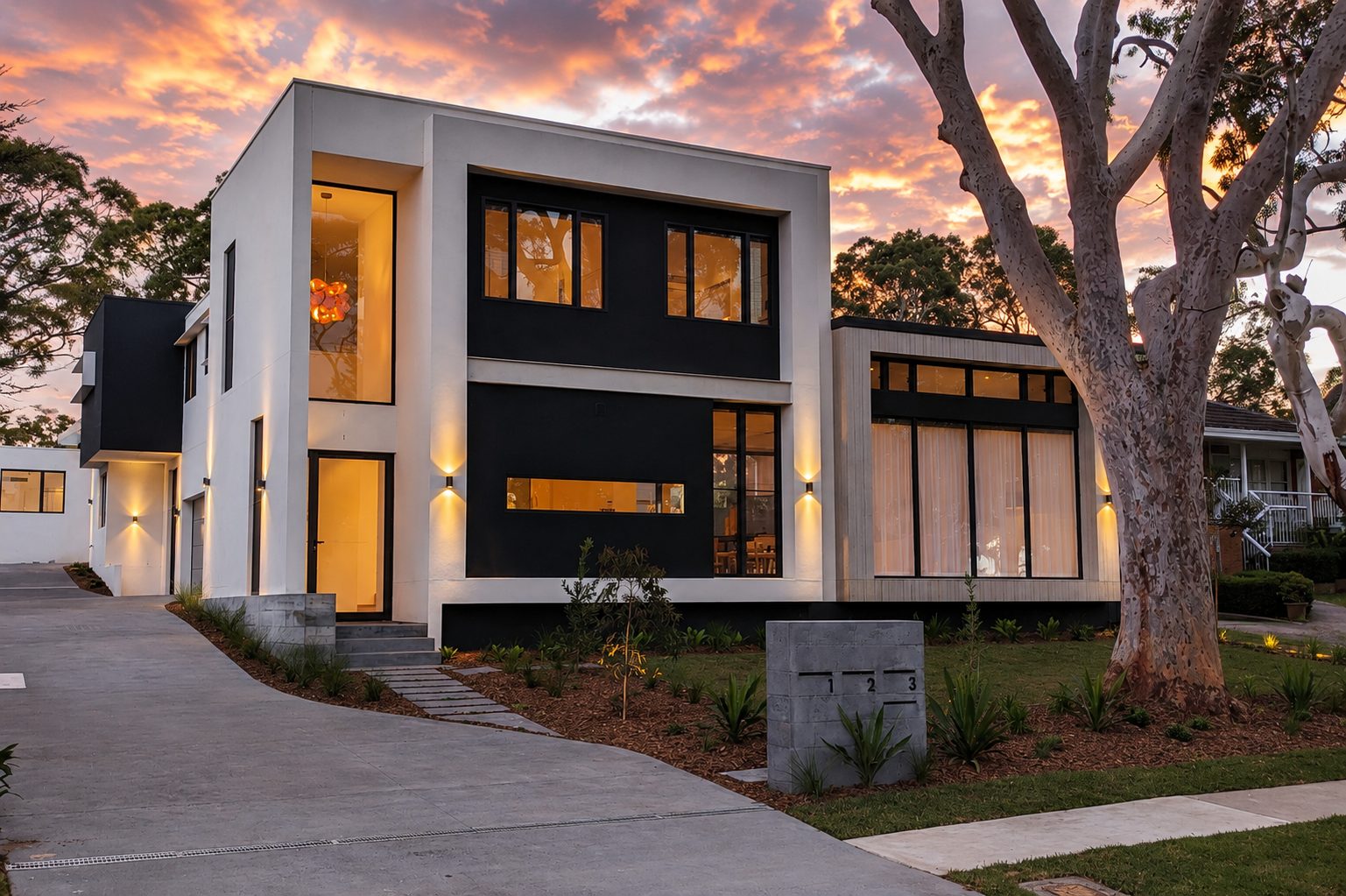 Contemporary white and charcoal townhouse development in Caringbah, built by Armessen Build, with warm lighting at sunset