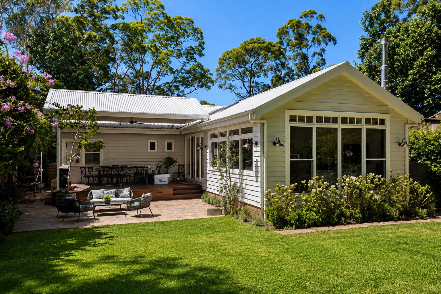 Renovated and extended weatherboard home in Turramurra by Armessen Build, with covered deck, paved terrace and garden